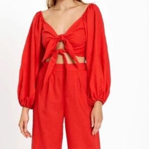 Charlie Holiday Linen Blend Puff Sleeve Tie Front Red Crop Top 6
